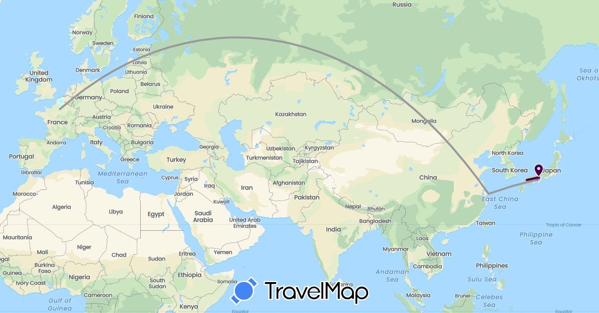 TravelMap itinerary: driving, bus, plane, train, hiking, boat, la monique mobile, shinkansen in China, France, Japan (Asia, Europe)